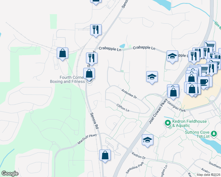 map of restaurants, bars, coffee shops, grocery stores, and more near 144 Ardenlee Drive in Peachtree City