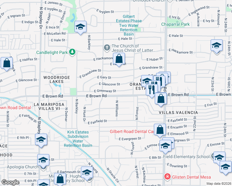 map of restaurants, bars, coffee shops, grocery stores, and more near 1650 East Greenway Street in Mesa