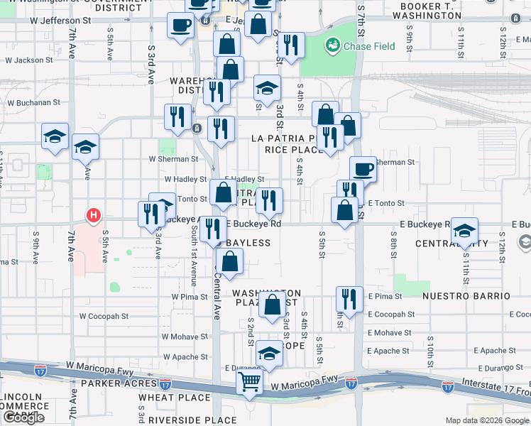 map of restaurants, bars, coffee shops, grocery stores, and more near 1001 South 2nd Street in Phoenix