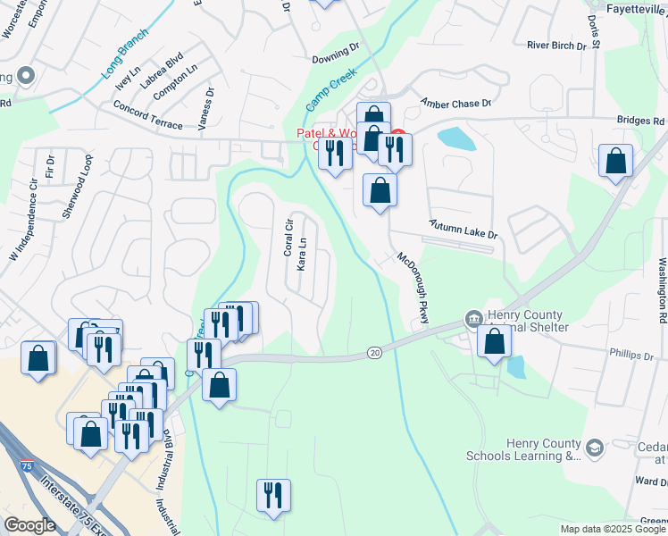 map of restaurants, bars, coffee shops, grocery stores, and more near 164 Prity Court in McDonough