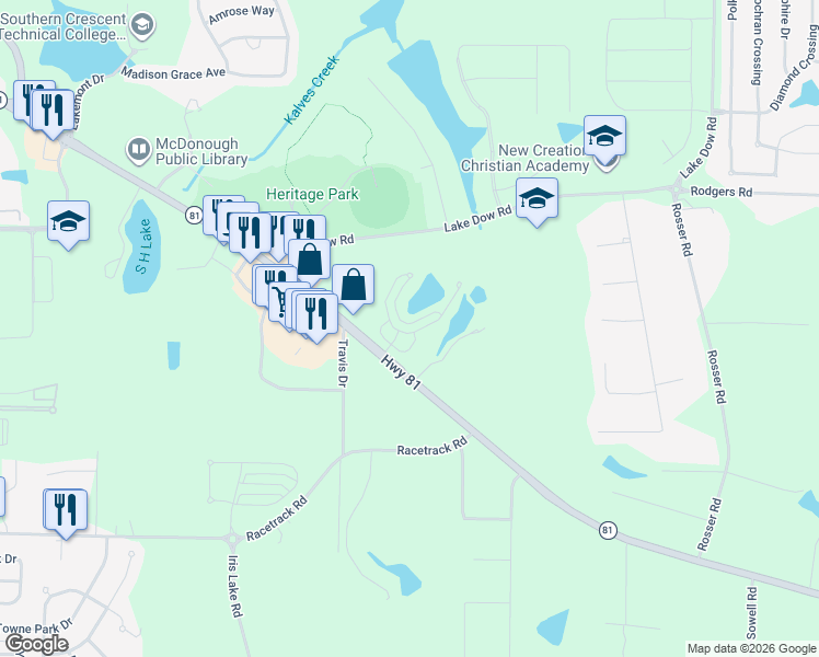 map of restaurants, bars, coffee shops, grocery stores, and more near 454 Best Friends Turn Alley in McDonough