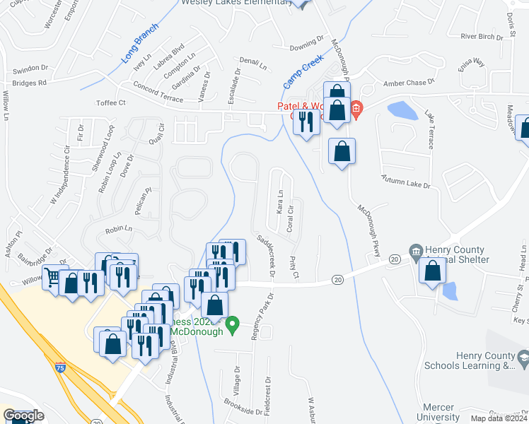 map of restaurants, bars, coffee shops, grocery stores, and more near 249 Coral Circle in McDonough