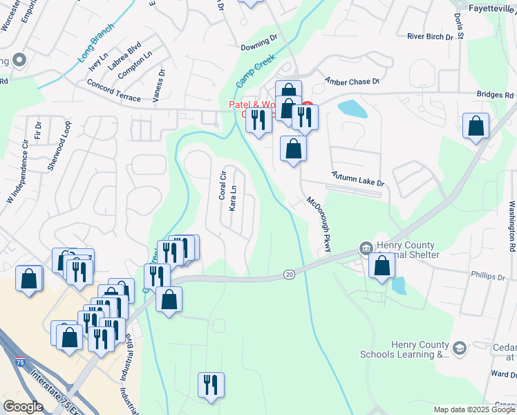 map of restaurants, bars, coffee shops, grocery stores, and more near 164 Prity Court in McDonough