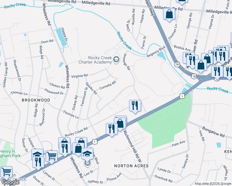 map of restaurants, bars, coffee shops, grocery stores, and more near 2613 Thomas Lane in Augusta