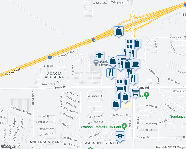 map of restaurants, bars, coffee shops, grocery stores, and more near 23819 West Hadley Street in Buckeye