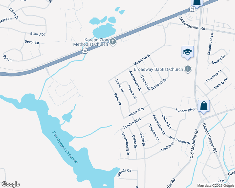 map of restaurants, bars, coffee shops, grocery stores, and more near 2352 Berlin Drive in Augusta