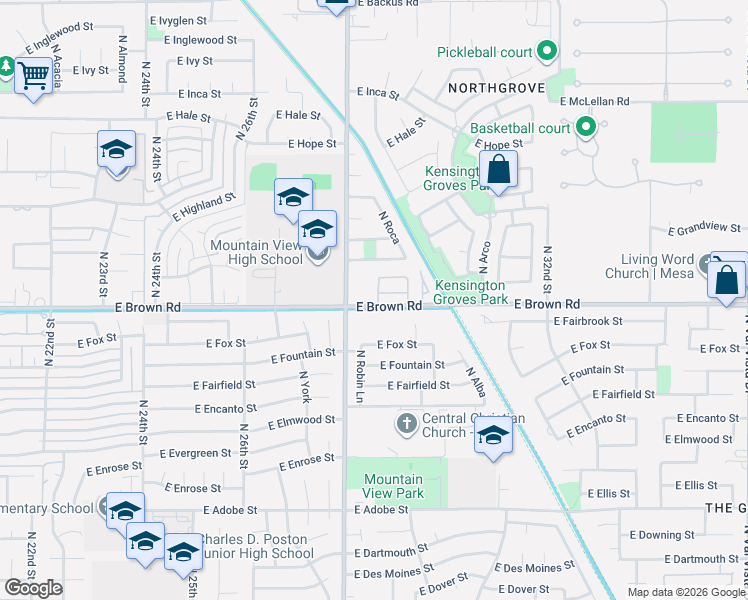 map of restaurants, bars, coffee shops, grocery stores, and more near 2848 East Brown Road in Mesa
