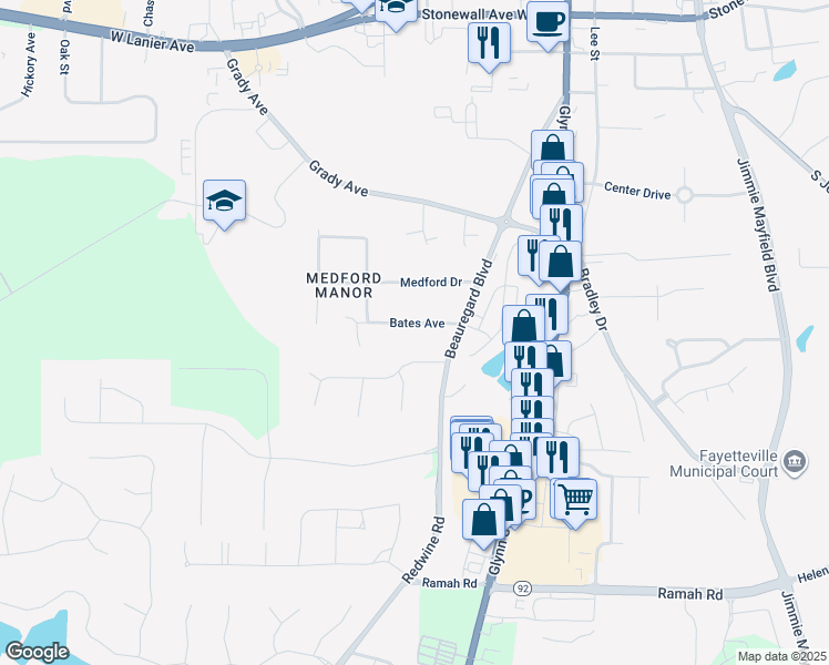 map of restaurants, bars, coffee shops, grocery stores, and more near 340 Bates Avenue in Fayetteville