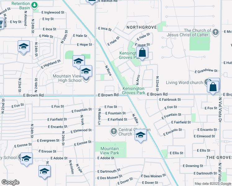 map of restaurants, bars, coffee shops, grocery stores, and more near 2930 East Brown Road in Mesa