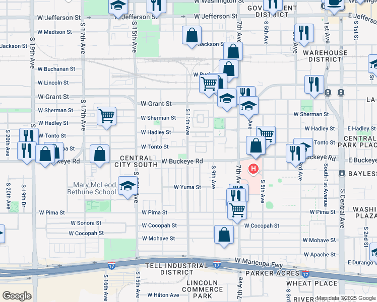 map of restaurants, bars, coffee shops, grocery stores, and more near 1102 West Tonto Street in Phoenix