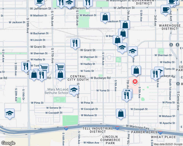 map of restaurants, bars, coffee shops, grocery stores, and more near 1146 West Tonto Street in Phoenix