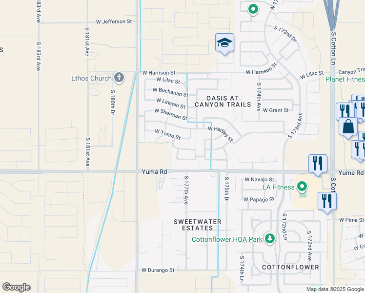 map of restaurants, bars, coffee shops, grocery stores, and more near 17716 West Desert Bloom Street in Goodyear