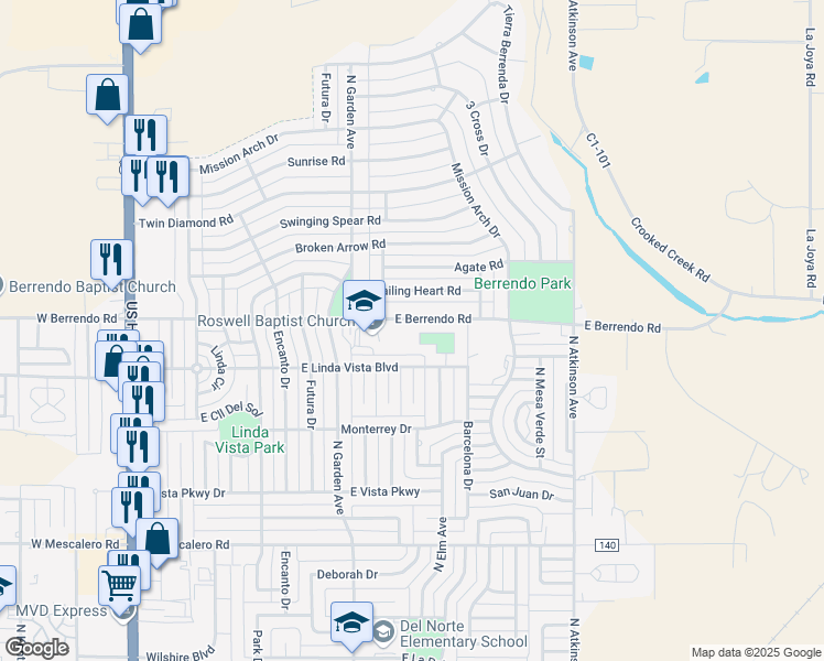 map of restaurants, bars, coffee shops, grocery stores, and more near 7 Rio Bonito Circle in Roswell
