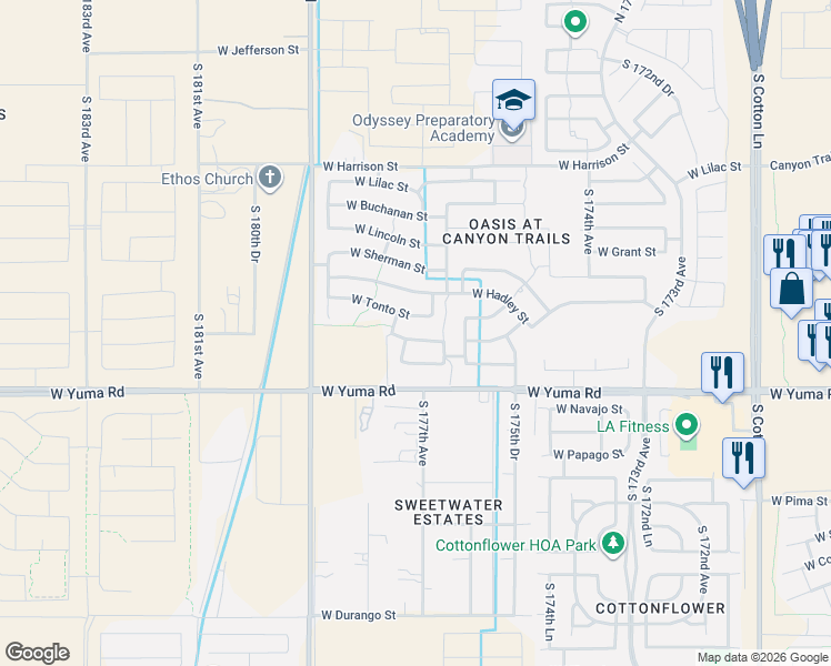 map of restaurants, bars, coffee shops, grocery stores, and more near 17705 West Tonto Street in Goodyear