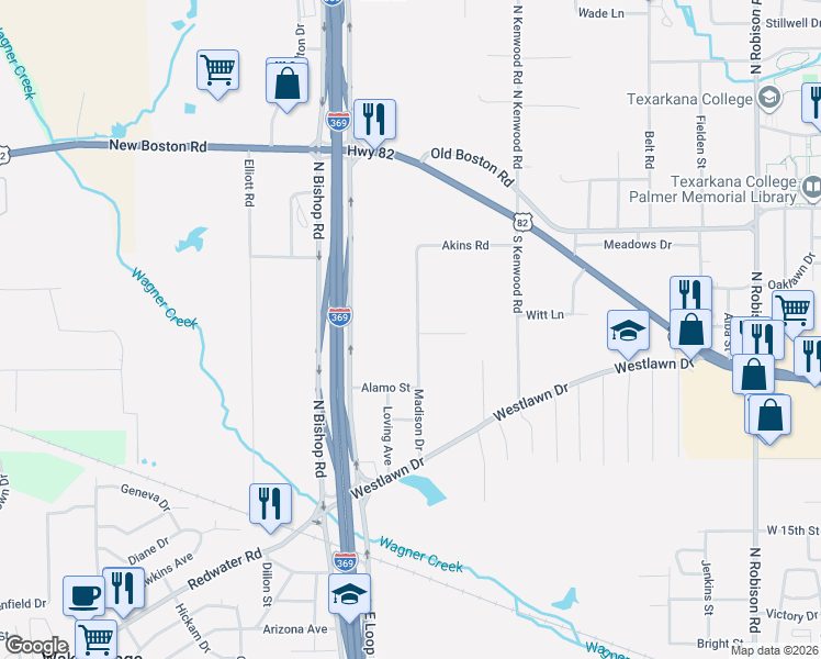 map of restaurants, bars, coffee shops, grocery stores, and more near 404 Madison Drive in Texarkana