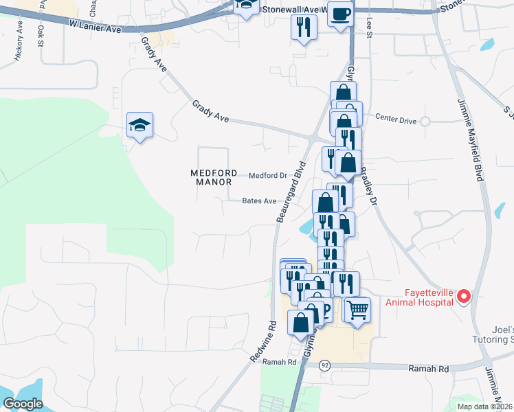map of restaurants, bars, coffee shops, grocery stores, and more near 340 Bates Avenue in Fayetteville