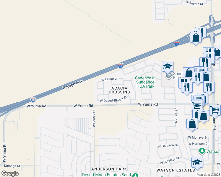 map of restaurants, bars, coffee shops, grocery stores, and more near 24134 West Hadley Street in Buckeye