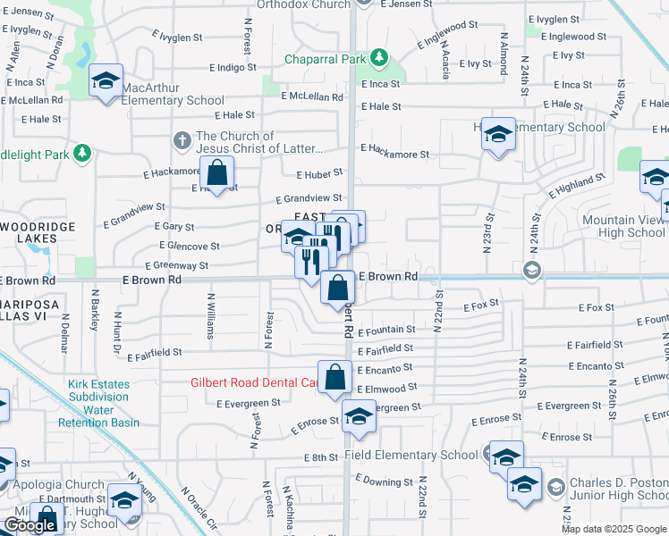 map of restaurants, bars, coffee shops, grocery stores, and more near 1958 East Brown Road in Mesa