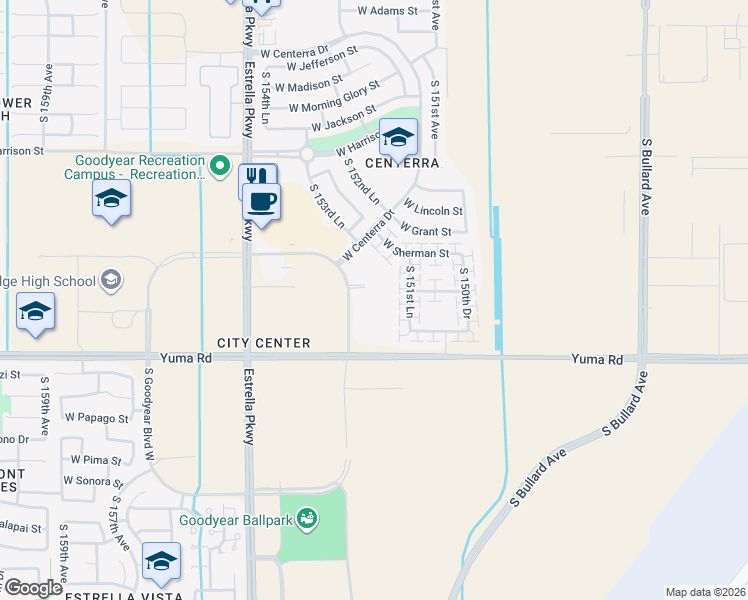 map of restaurants, bars, coffee shops, grocery stores, and more near 949 South Goodyear Boulevard East in Goodyear