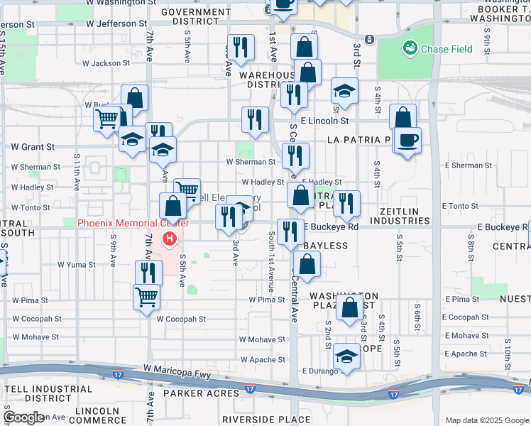 map of restaurants, bars, coffee shops, grocery stores, and more near 1014 South 1st Avenue in Phoenix