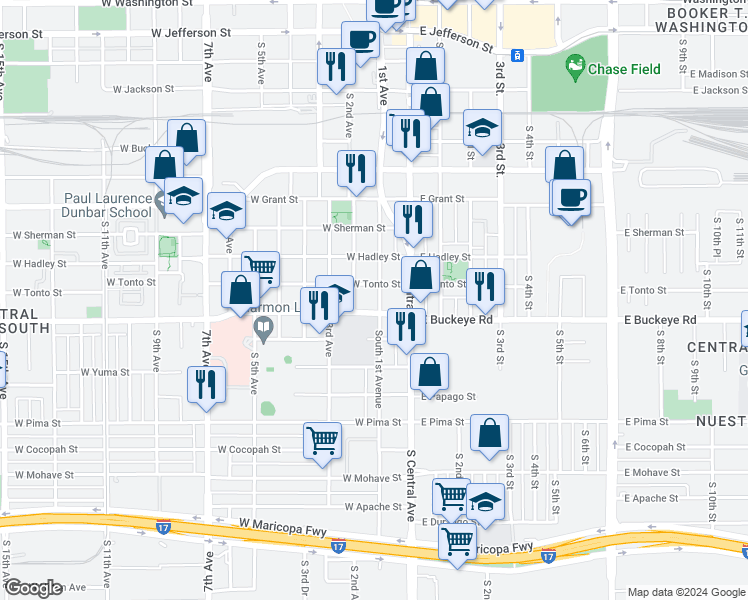 map of restaurants, bars, coffee shops, grocery stores, and more near 1014 South 1st Avenue in Phoenix
