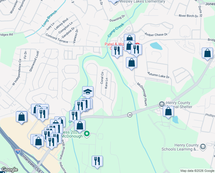 map of restaurants, bars, coffee shops, grocery stores, and more near 422 Kara Lane in McDonough
