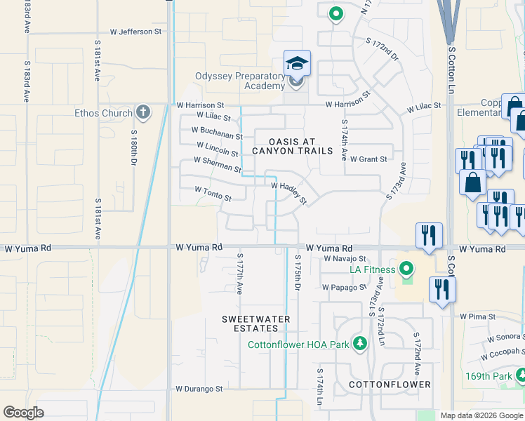 map of restaurants, bars, coffee shops, grocery stores, and more near 904 South 176th Avenue in Goodyear