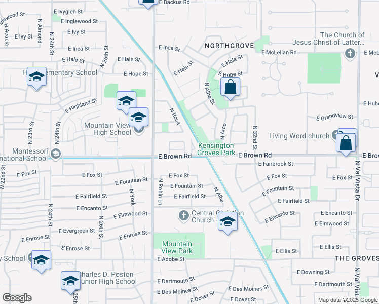 map of restaurants, bars, coffee shops, grocery stores, and more near 2930 East Brown Road in Mesa