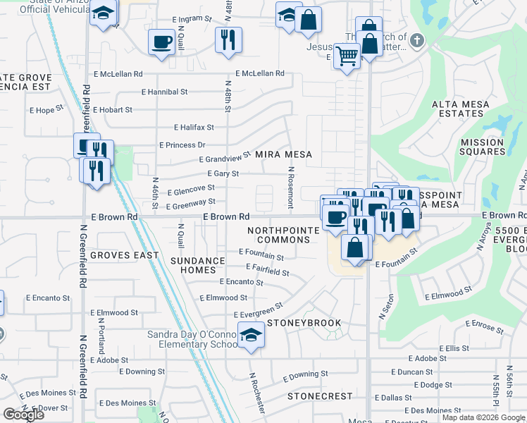 map of restaurants, bars, coffee shops, grocery stores, and more near 4906 East Brown Road in Mesa