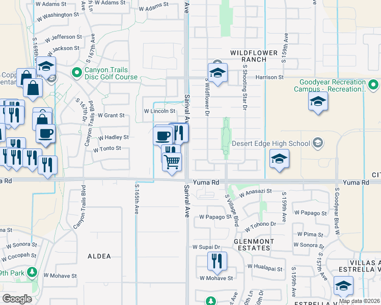 map of restaurants, bars, coffee shops, grocery stores, and more near 16246 West Tonto Street in Goodyear