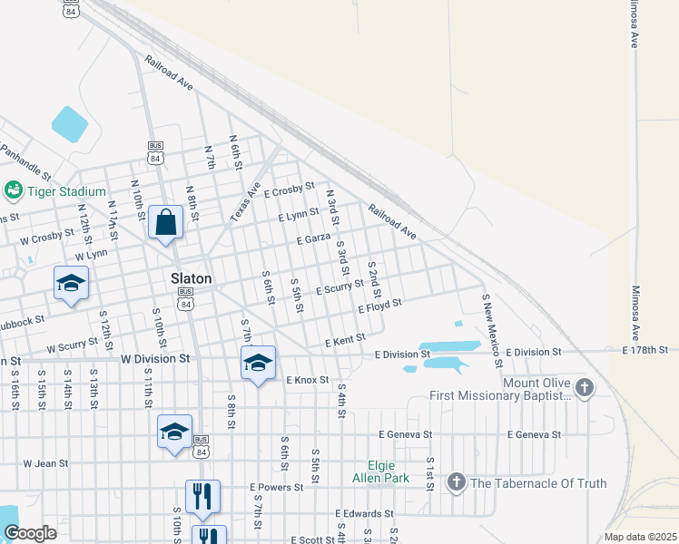 map of restaurants, bars, coffee shops, grocery stores, and more near 500-598 E Lubbock St in Slaton