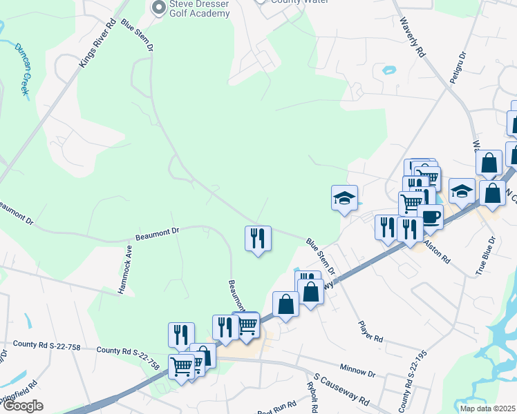 map of restaurants, bars, coffee shops, grocery stores, and more near 406 Blue Stem Drive in Pawleys Island