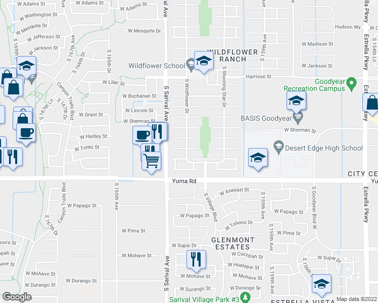 map of restaurants, bars, coffee shops, grocery stores, and more near 16191 West Tonto Street in Goodyear