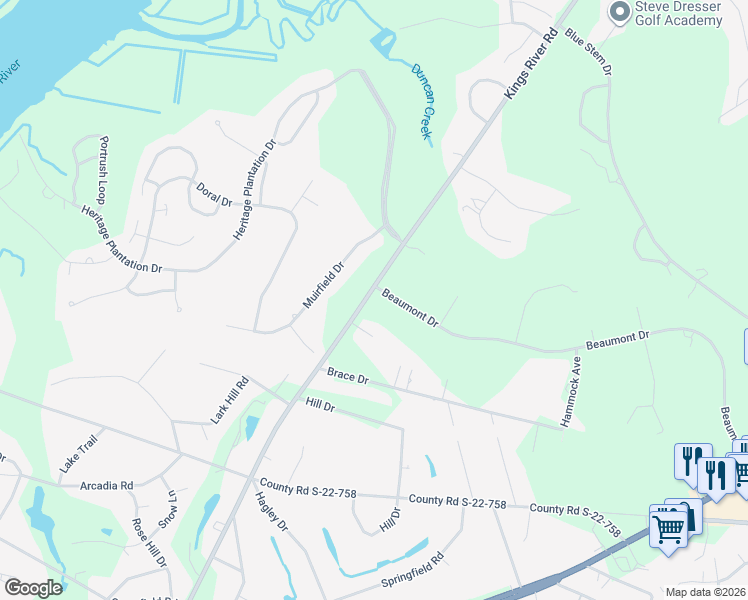 map of restaurants, bars, coffee shops, grocery stores, and more near 1225 Beaumont Drive in Pawleys Island
