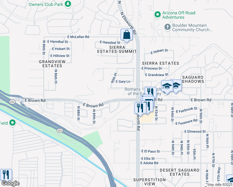 map of restaurants, bars, coffee shops, grocery stores, and more near 9030 East Glencove Avenue in Mesa