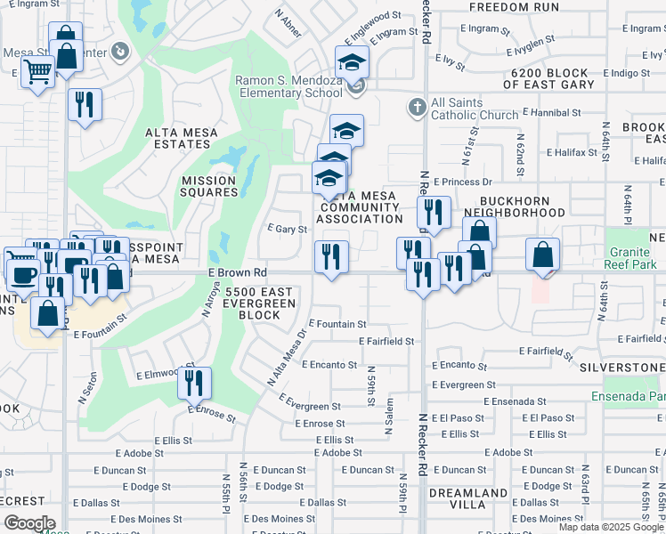 map of restaurants, bars, coffee shops, grocery stores, and more near in Mesa