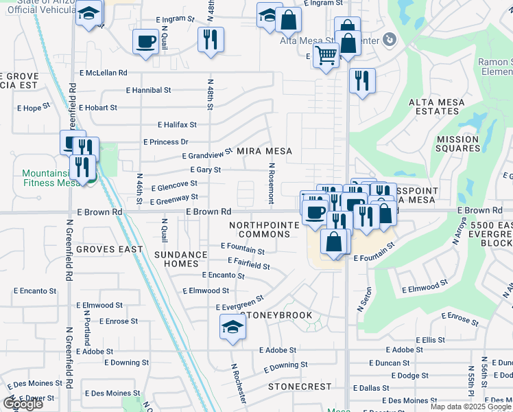map of restaurants, bars, coffee shops, grocery stores, and more near 4934 East Greenway Circle in Mesa