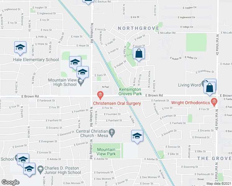 map of restaurants, bars, coffee shops, grocery stores, and more near 2930 East Brown Road in Mesa