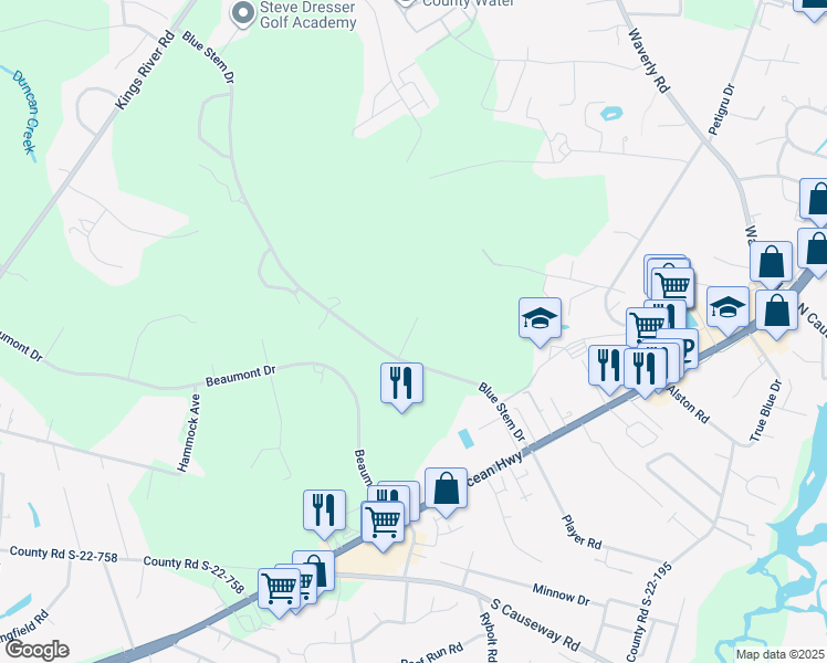 map of restaurants, bars, coffee shops, grocery stores, and more near 410 Blue Stem Drive in Pawleys Island
