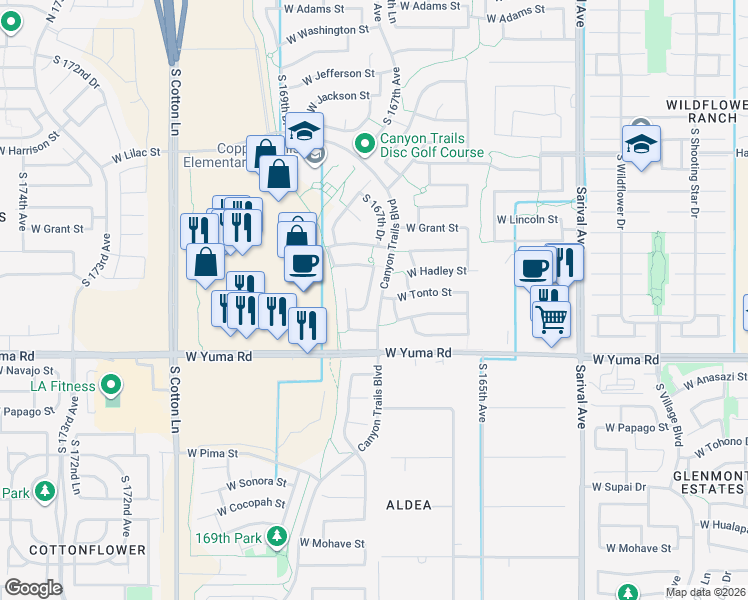 map of restaurants, bars, coffee shops, grocery stores, and more near 1021 South 167th Lane in Goodyear