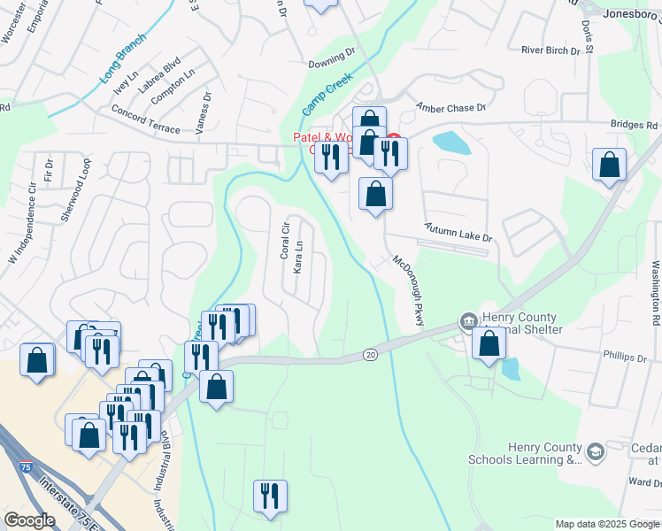 map of restaurants, bars, coffee shops, grocery stores, and more near 168 Prity Court in McDonough