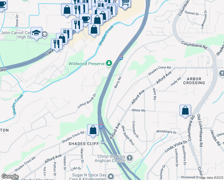 map of restaurants, bars, coffee shops, grocery stores, and more near 1448 Berry Road in Birmingham
