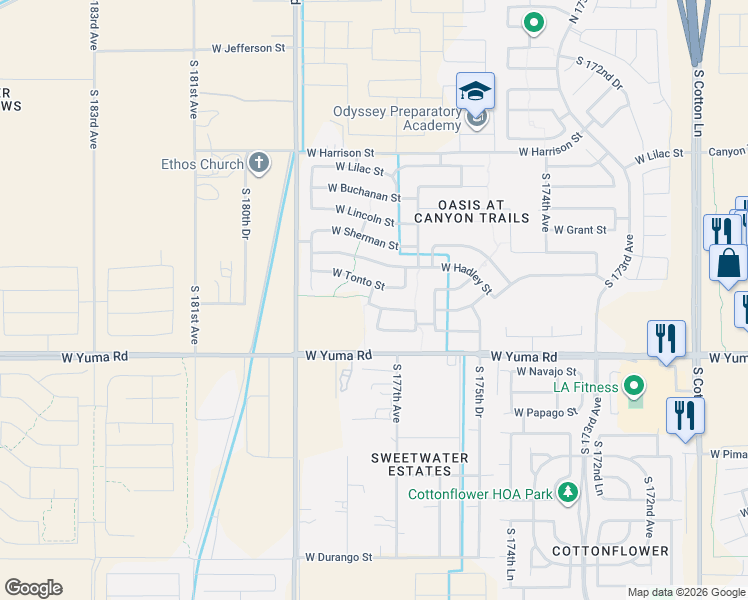 map of restaurants, bars, coffee shops, grocery stores, and more near 17761 West Tonto Street in Goodyear