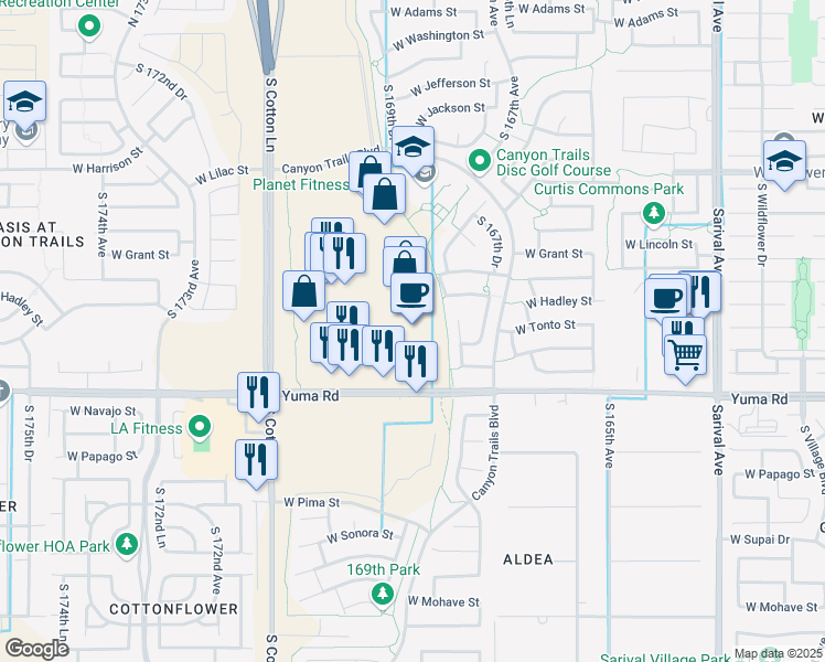 map of restaurants, bars, coffee shops, grocery stores, and more near 995 South Cotton Lane in Goodyear