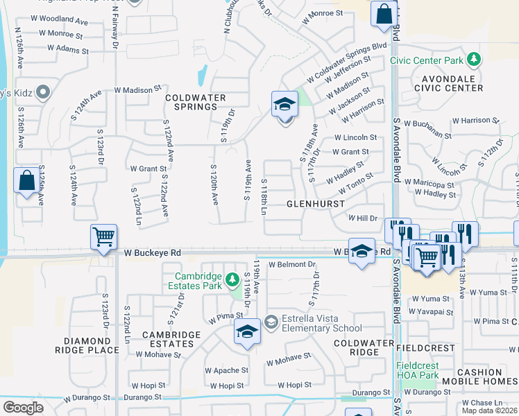 map of restaurants, bars, coffee shops, grocery stores, and more near 713 South 119th Avenue in Avondale