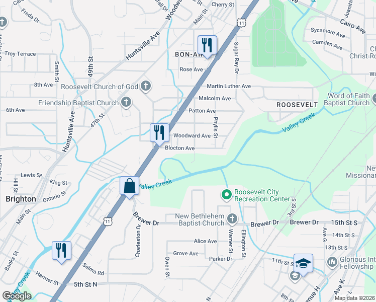 map of restaurants, bars, coffee shops, grocery stores, and more near 6100 Blocton Avenue in Birmingham