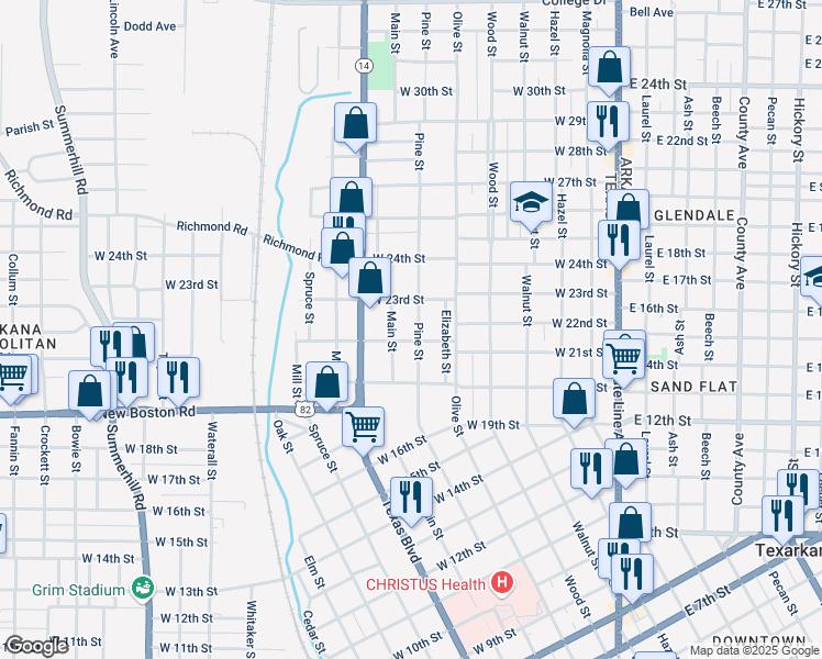 map of restaurants, bars, coffee shops, grocery stores, and more near 2203 Pine Street in Texarkana
