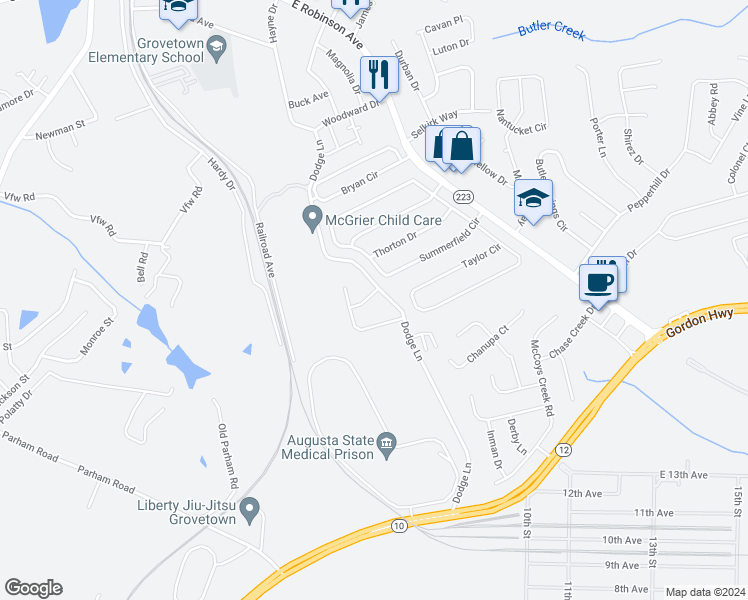 map of restaurants, bars, coffee shops, grocery stores, and more near 308 Browning Drive in Grovetown