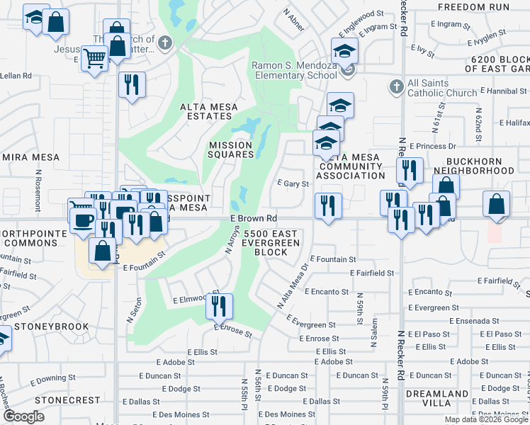 map of restaurants, bars, coffee shops, grocery stores, and more near 5630 East Greenway Street in Mesa