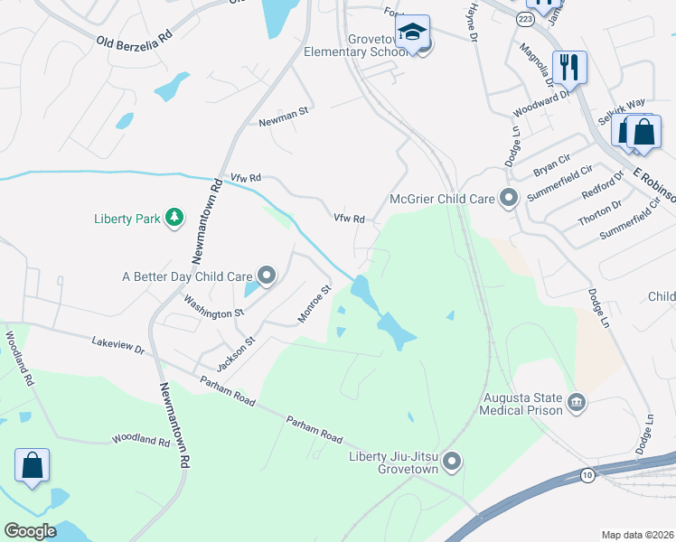 map of restaurants, bars, coffee shops, grocery stores, and more near 450 Bell Road in Grovetown